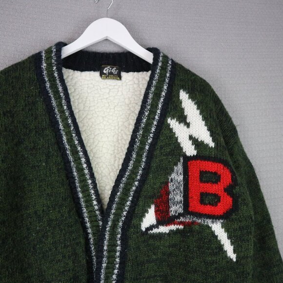 Vintage Shearling Sweater Mens Olive Cardigan City Skyline Abstract Gigi - Picture 3 of 7